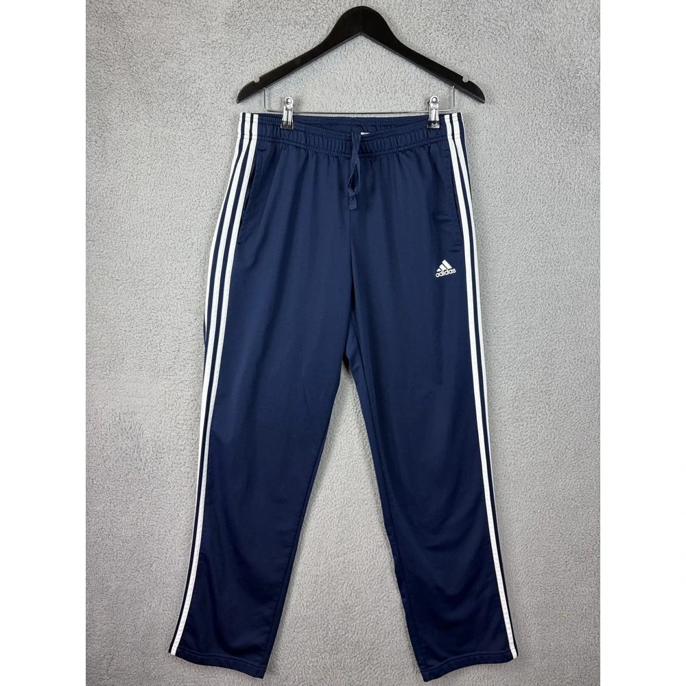 Adidas Pants Mens Large Blue 3 Stripe Track Knit Elastic Waist Pockets Rugby Men